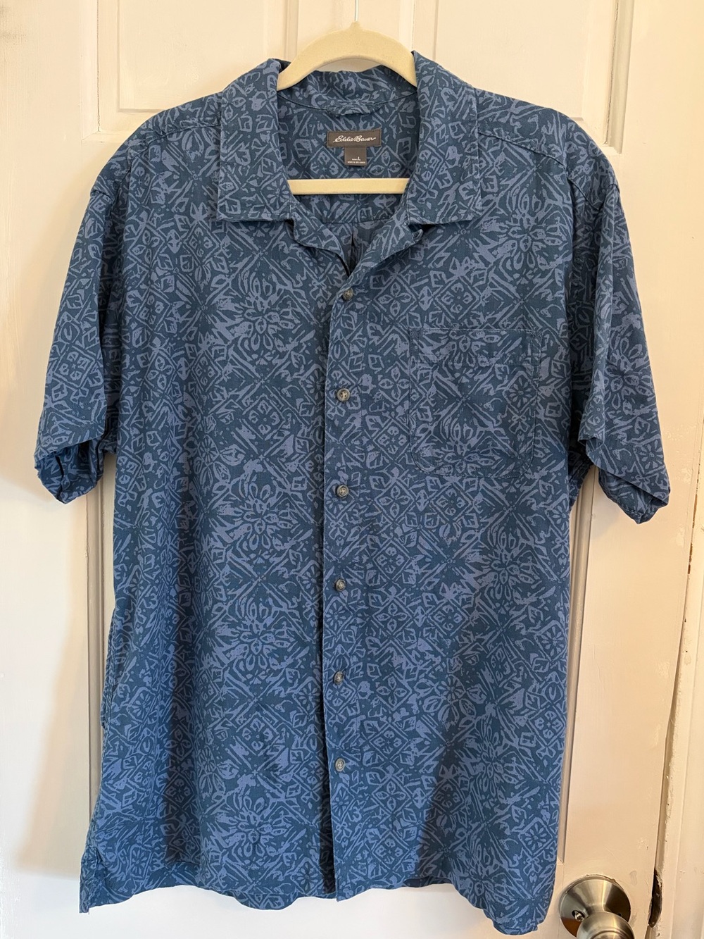 Eddie Bauer Linen blend Short Sleeve Casual Button Down Camp Shirt blue sz L
